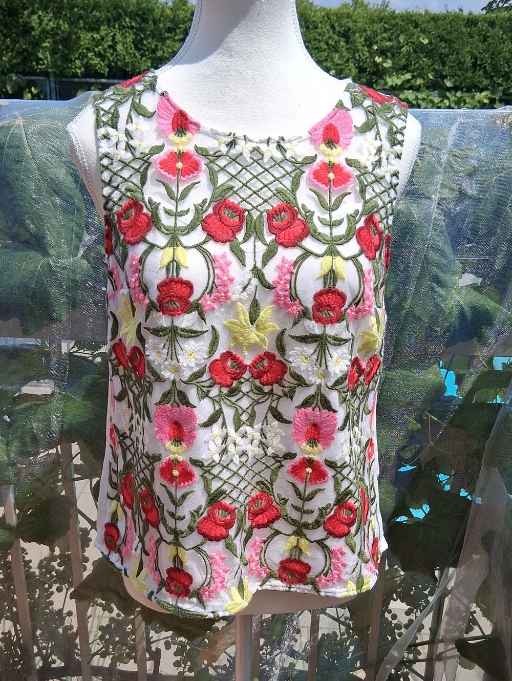 Embroidered Floral Sleeveless Top - White with Pink & Red